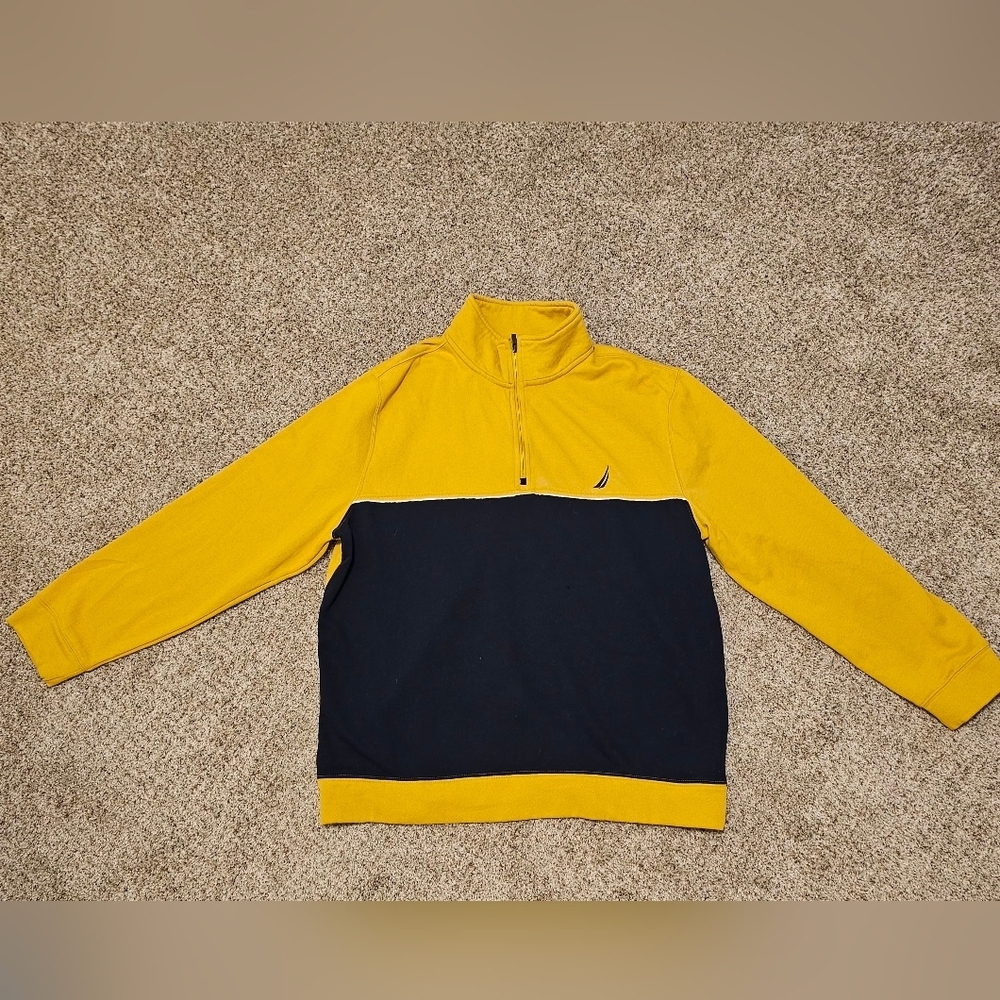 Nautica Yellow and Navy Colorblock Quarter-Zip Sweater